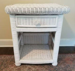 Vintage Wicker Side Table,  Drawer - Shabby Chic,  Boho,  Country Cottage Decor Euc