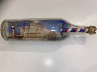 Vintage Antique Handmade Sail Ship In A Bottle Folk Art 12x3 Ae