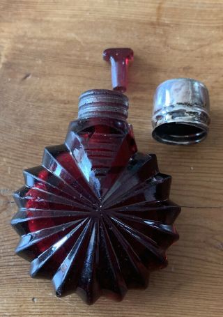 Antique Cranberry Cut Glass Silver Topped Evening Bag Ladies Scent Bottle B