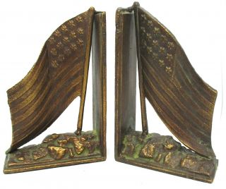Pair Antique Cast Iron Book Ends American 15 Star Flags Bronze Finish Unmarked