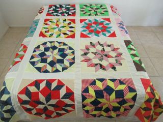 Queen Vintage All Cotton Hand Pieced Dutch Rose Quilt Top Tumbling Blocks Effect