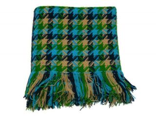Vintage Pendleton Wool Woven Knit Stadium Throw Blanket Blue Green Tan Fringe