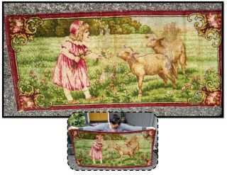 Vintage Woven Tapestry Rug Wall Hanging,  Victorian Girl W/ Lamb Sheep
