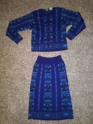 Vintage Rodier Usa Suit Sweater/skirt Knitting Geometric Pattern Size M