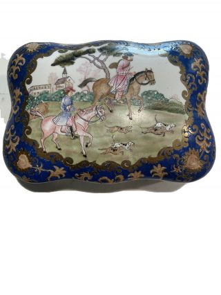 Large Antique Hand Painted Enameled Porcelain Hunting Scene Dresser Casket Box