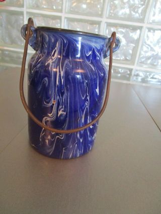 Vintage Cobalt Blue & White Swirl Cream Can Rivited Brackets For Handle No Lid
