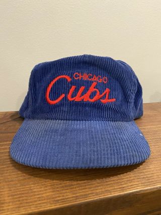 Vintage 90’s Chicago Cubs Sports Specialties Script Corduroy Snapback Hat.