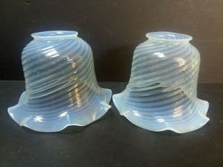 Antique Opalescent Swirl Art Glass Lamp Shades 2 1/4 " Fitter Ruffled