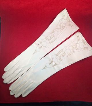 Vintage Ladies Off - White Leather Long Evening Gloves Lace Inset Cutwork Size 7