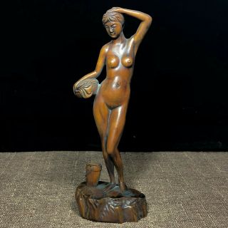 Chinese Collectible Old Boxwood Carved Balneal Naked Belle Wood Ornament Statue