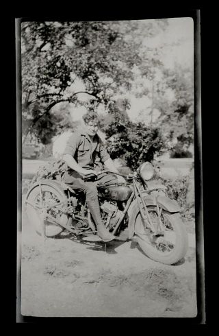 Young Man Sitting On Indian Motorcycle Laced Boots Antique Photograph Negative