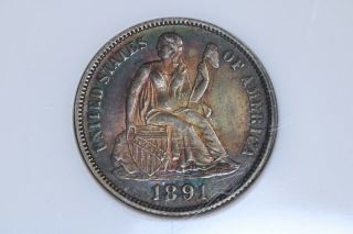 1891 10c Seated Liberty Silver Dime Ngc Ms62 Color Toned Bu Unc Ms