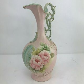Antique Victorian Hand Painted Water Pitcher 13 " Pink With Pink Roses Euc