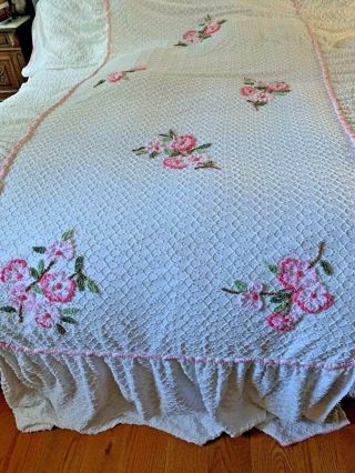 Vintage Cabin Craft Squiggle Pink White Chenille Bedspread Twin Size Lovely