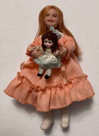 Vintage Dollhouse Miniature Porcelain Girl Doll,  Peach Dress,  4.  25” With 1” Doll