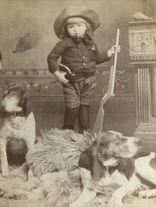 Antique Cabinet Card Little Cowboy Teddy Rifle & Pistol Beagles Hidden Dad