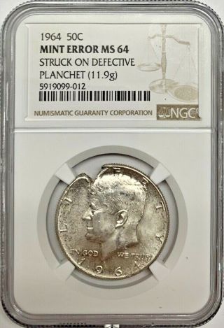 1964 Kennedy Half Dollar Error Ngc Ms64 Struck On Defective Planchet Coin