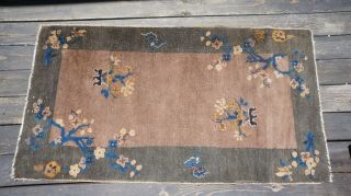 Antique Art Deco Nichols Hand Woven Chinese Rug " 3x5 ",  Neutral And Blue