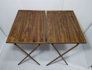 Vintage Mid Century Set Of 2 Folding Tv Snack Trays Tables Faux Wood Metal