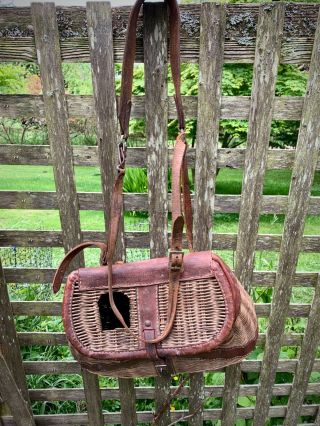 Vintage Fly Fishing Creel Basket W/ Leather Straps Wicker & Leather 1950s/1960s