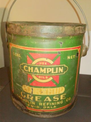 Rare Vintage Metal Champlin 5 Pound Grease Can Empty Multise Cross Pic Enid Ok