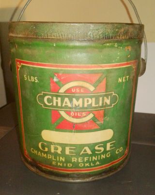 RARE VINTAGE METAL CHAMPLIN 5 POUND GREASE CAN EMPTY MULTISE CROSS PIC ENID OK 3