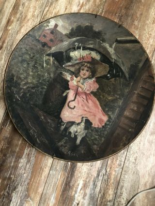 Large Antique Hand Painted Mt Washington Opaline Glass,  Girl In The Rain