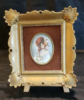 Antique,  Hand Painted,  Miniature Portrait,  Lady W Bonnet & Flowers