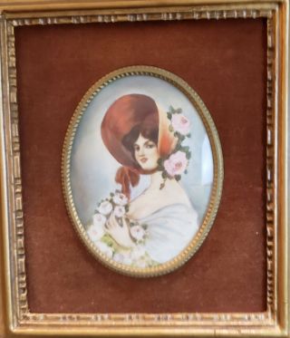 Antique,  Hand Painted,  Miniature Portrait,  Lady w Bonnet & Flowers 2
