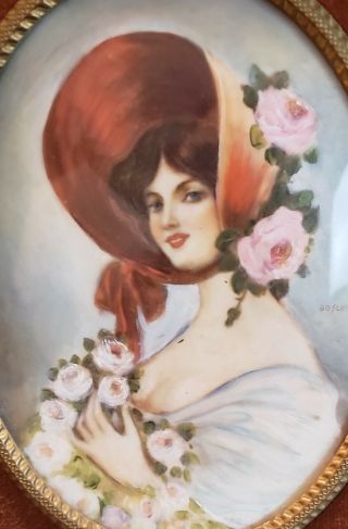 Antique,  Hand Painted,  Miniature Portrait,  Lady w Bonnet & Flowers 3