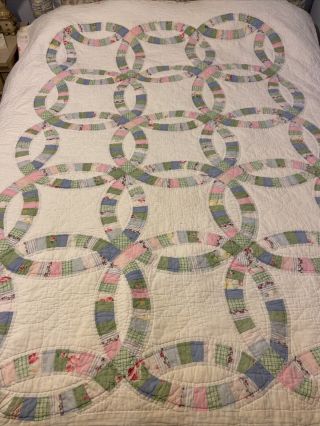 Vintage Handmade Stitching Double Wedding Ring Quilt Full/queen Size 84”x 66”