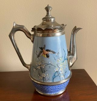 Antique Blue Tea Pot With Ornate Pewter Trim And Gorgeous Bird Scene