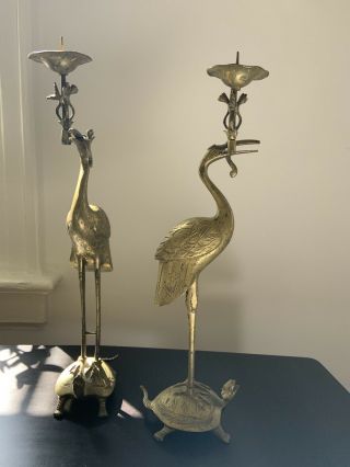 Antique Brass Longevity Crane Standing On Turtle Candle Holders