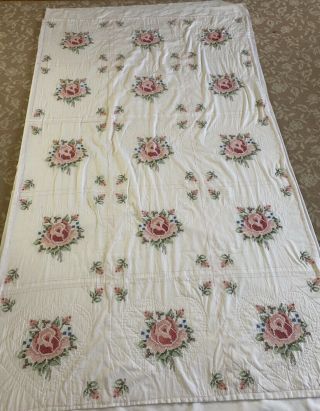 Vintage Handmade Hand Quilted Cross - Stitched Rose Bouquet Quilt 54x86 " Throw Euc