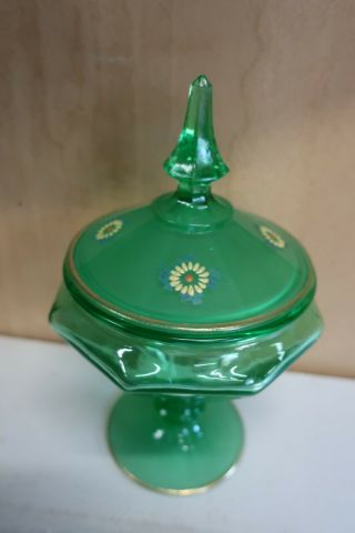 Antique Uranium Green Vaseline Glass Covered Candy Dish Painted Frosted Great