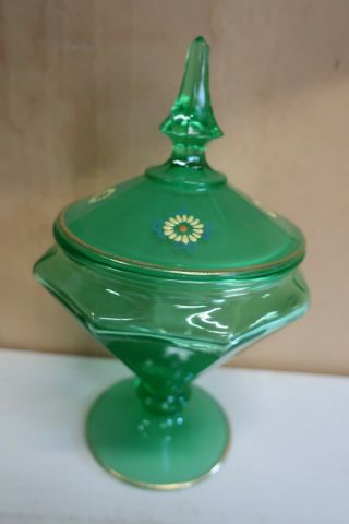 Antique Uranium Green Vaseline Glass Covered Candy Dish Painted Frosted Great 2