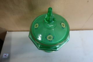 Antique Uranium Green Vaseline Glass Covered Candy Dish Painted Frosted Great 3