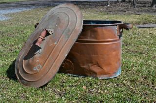 Copper Boiler Wash Tub Antique Vintage Wooden Handles With Cover