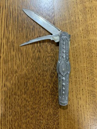 Antique Ornate Sterling Silver 3” Folding Pocket Knife W/ Fruit Pick