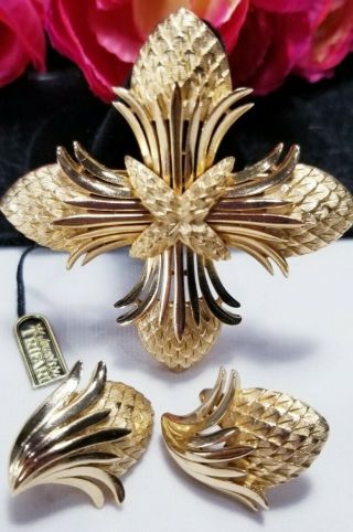 Vintage Gold Crown Trifari Maltese Cross Brooch Pin Earrings Nwt
