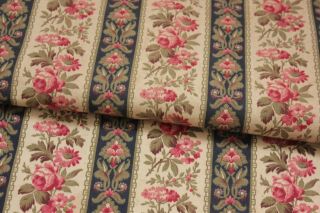Fabric Antique French Floral & Stripe Cotton Material Circa 1890 19th Century