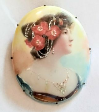 Large Antique Victorian Hand Painted Porcelain Cameo Portrait Brooch Pin C Clasp