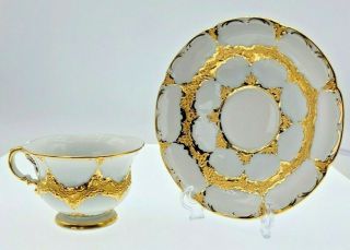 Rare Antique Meissen Dresden White With Gold Gilt Raised Cup & Saucer