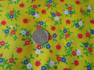 Vtg.  Cotton Print Fabric Tiny Red Apples Red Blue Flowers On Yellow 2.  5 Yds