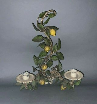 Vintage 1960s Italian Painted Tole 2 - Arm Sconce W Green Leaves & Yellow Lemons