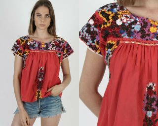 Vintage Red Oaxacan Blouse Bright Floral Embroidered Mexican Festival Tunic Top