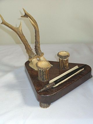 Antique German Black Forest Style Antler Deer Stag Horn & Wood Ink Well Desk Set