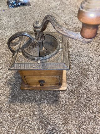 Antique Cast Iron And Dovetail Wood Hand Crank Coffee Grinder Mill