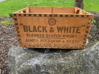 Vintage Antique Black & White Scotch Whiskey Wood Wooden Box Crate Scotland