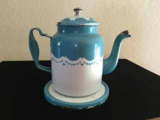 Rare Antique French Enamelware Graniteware Mcclary Bonnie Blue Tea Pot & Trivet